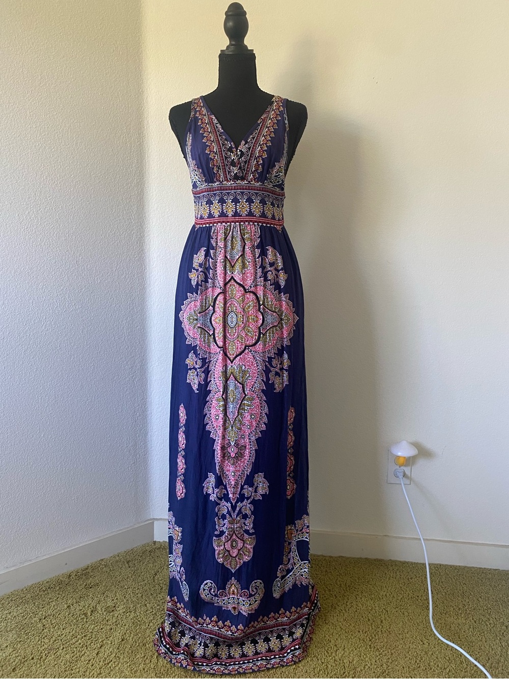 Forever 21 Navy Maxi Dress with Pink Floral Medallion Print